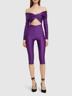 ANDAMANE “KENDALL” OFF-SHOULDER CAPRI JUMPSUIT, SZ S PURPLE